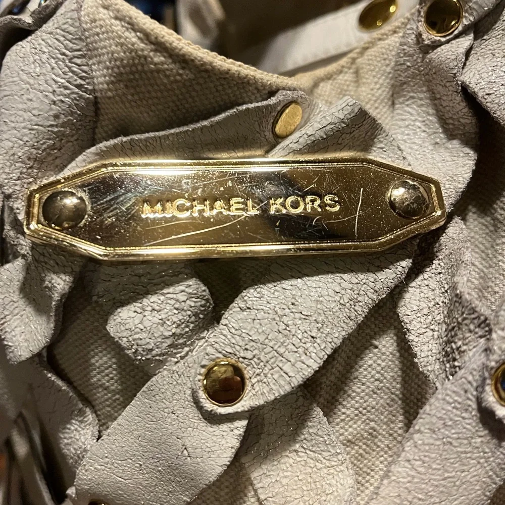 Michael Kors Cream Woven Leather Hobo with Gold-Tone Studs
